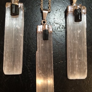 Electroformed Crystal Pendant - Natural Black Tourmaline & Selenite On 925 Sterling Silver Chain