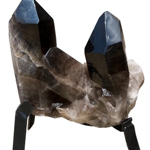 Smoky Quartz on Metal Stand - Large Smoky Quartz Crystal Points - Standing Natural Smoky Quartz Specimen - Raw Smoky Quartz Cluster - 2