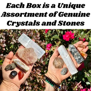 May include: The image displays a variety of genuine crystals and stones, including selenite, quartz, and other colorful specimens. The text at the top reads, "Each Box is a Unique Assortment of Genuine Crystals and Stones."