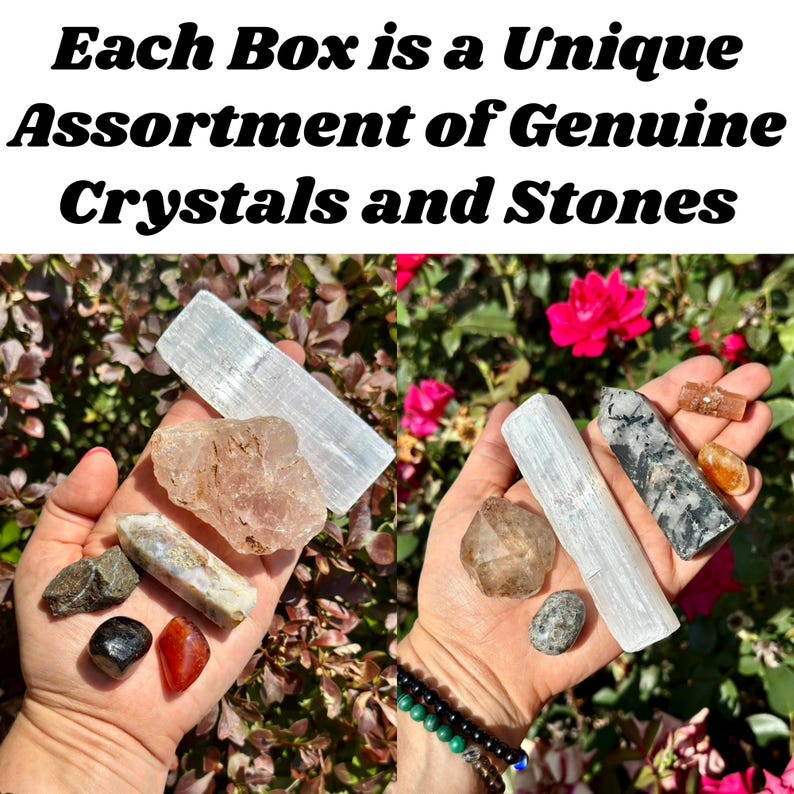 May include: The image displays a variety of genuine crystals and stones, including selenite, quartz, and other colorful specimens. The text at the top reads, "Each Box is a Unique Assortment of Genuine Crystals and Stones."