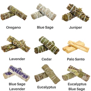 May include: Nine bundles of dried herbs and wood for smudging, including oregano, blue sage, juniper, lavender, cedar, palo santo, and eucalyptus.