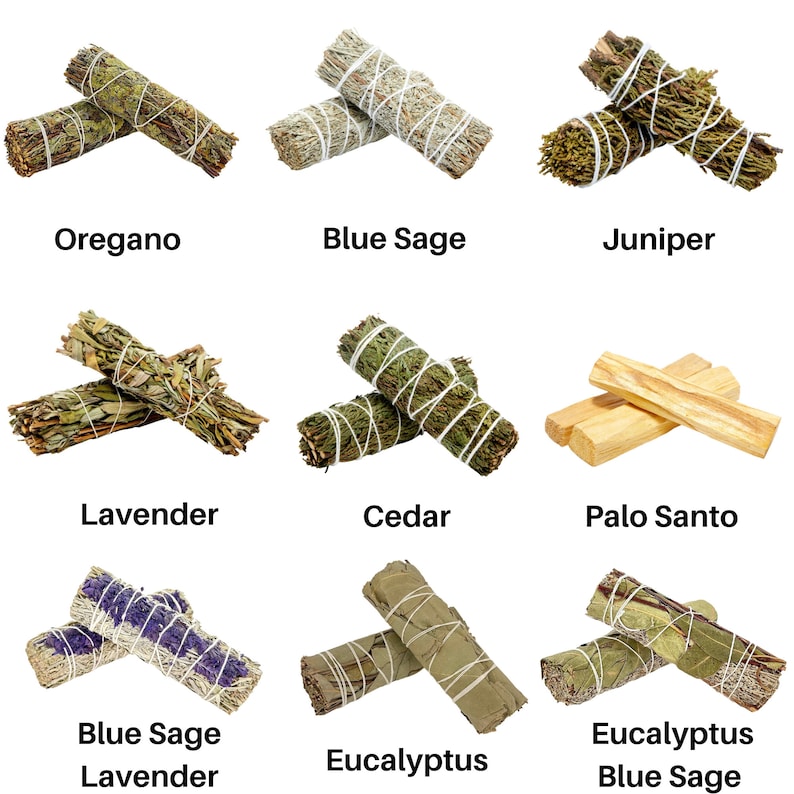 May include: Nine bundles of dried herbs and wood for smudging, including oregano, blue sage, juniper, lavender, cedar, palo santo, and eucalyptus.