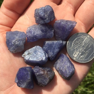 May include: A collection of ten rough, natural, blue-purple, raw, uncut, gemstone crystals. The crystals are various sizes and shapes. A US quarter is included for scale.