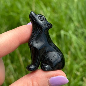 Puede incluir: Pequeña figura de lobo negro brillante. El lobo está sentado con la cabeza inclinada hacia arriba. La figura se sostiene contra un fondo verde borroso.