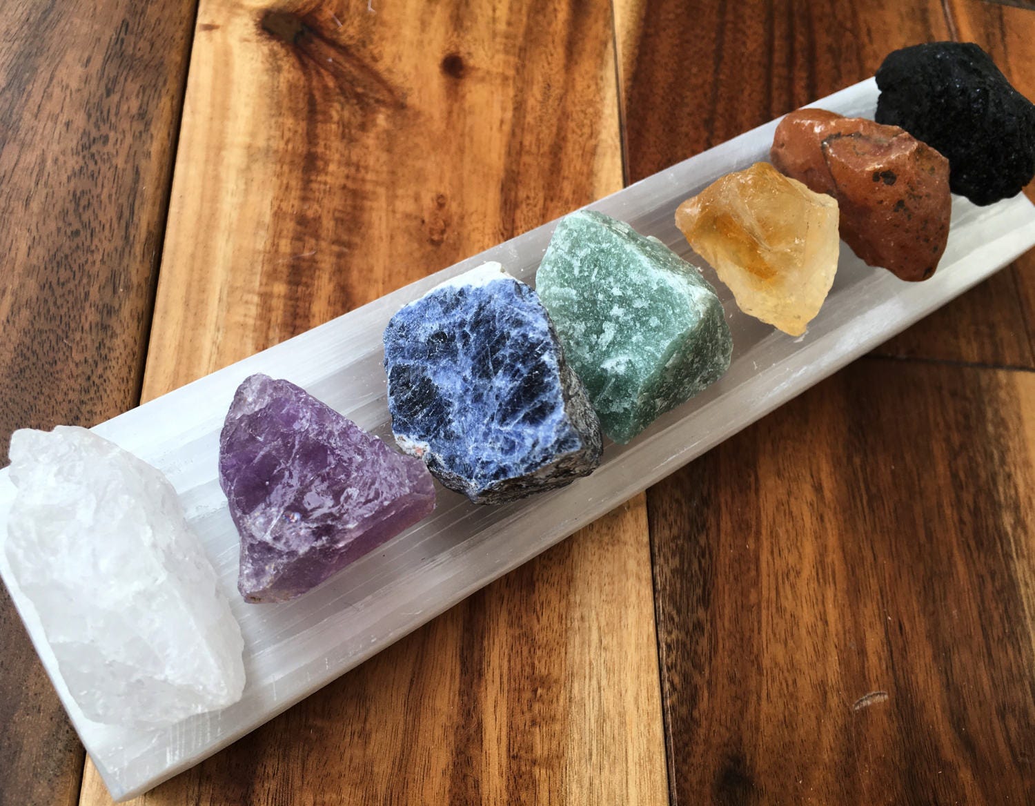 Raw Crystal 7 Chakra Set With Selenite Plate Chakra Set Etsy