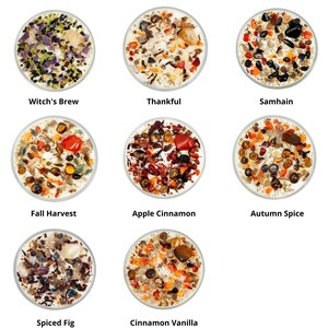 May include: Eight round candles topped with various colorful crystals and dried botanicals. The candles are labeled Witch's Brew, Thankful, Samhain, Fall Harvest, Apple Cinnamon, Autumn Spice, Spiced Fig, and Cinnamon Vanilla, each featuring unique stone arrangements.
