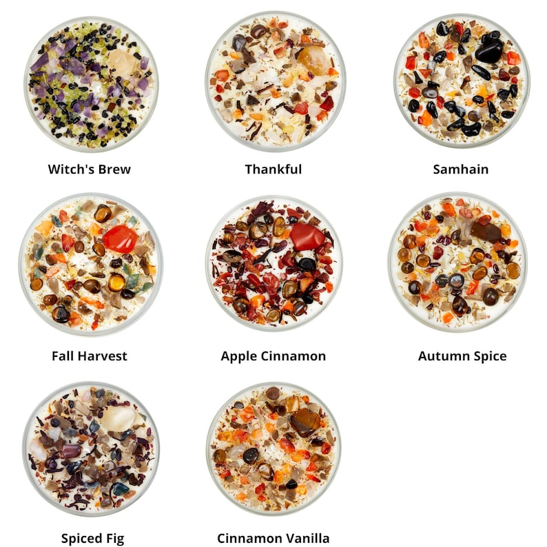 May include: Eight round candles topped with various colorful crystals and dried botanicals. The candles are labeled Witch's Brew, Thankful, Samhain, Fall Harvest, Apple Cinnamon, Autumn Spice, Spiced Fig, and Cinnamon Vanilla, each featuring unique stone arrangements.