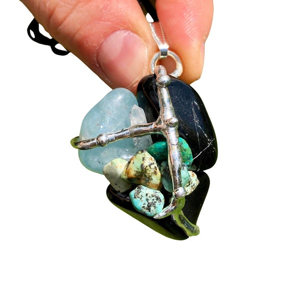 Keep Me Safe Amulet - Protection and Calming - Black Tourmaline, Turquoise, & Aquamarine - Protection Crystals - Calming Energy Necklace