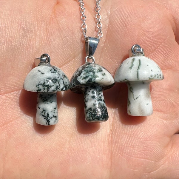 Tree Agate Mushroom Pendant - Polished Crystal Mushroom Necklace - Tree Agate Crystal Pendant - Carved Mushroom Charm - Tree Agate Pendant