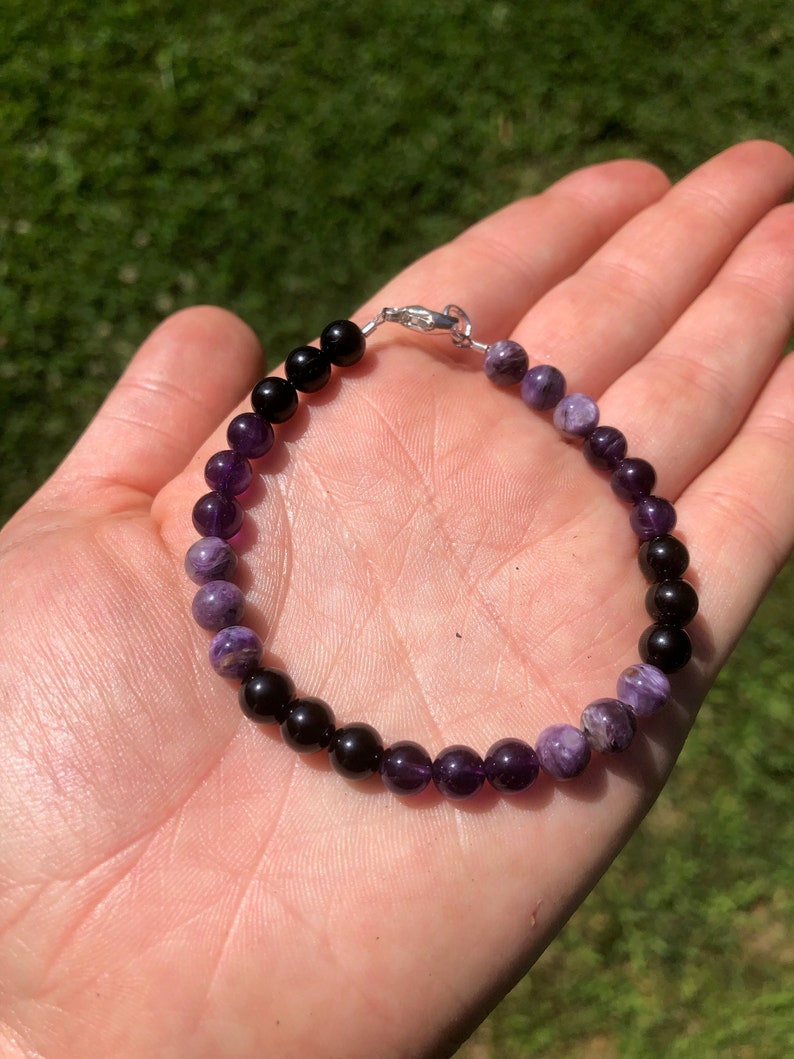 Protection Bracelet 6mm beads black tourmaline, amethyst, & charoite bracelet healing crystal bracelet black tourmaline bracelet image 5