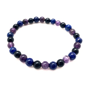 Amethyst, Lapis Lazuli, & Black Tourmaline Bracelet Elastic Bracelet Energy Protection Bracelet Healing Crystals and stones image 5