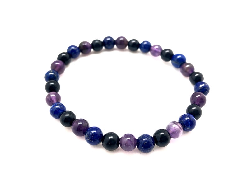 Amethyst, Lapis Lazuli, & Black Tourmaline Bracelet Elastic Bracelet Energy Protection Bracelet Healing Crystals and stones image 5