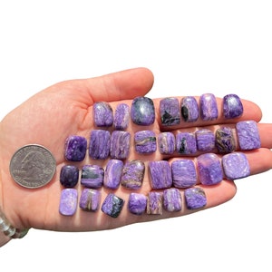 May include: A collection of 18 purple and silver spectrolite tumbled stones in various sizes and shapes. The stones are arranged in a hand, with a US quarter for scale.