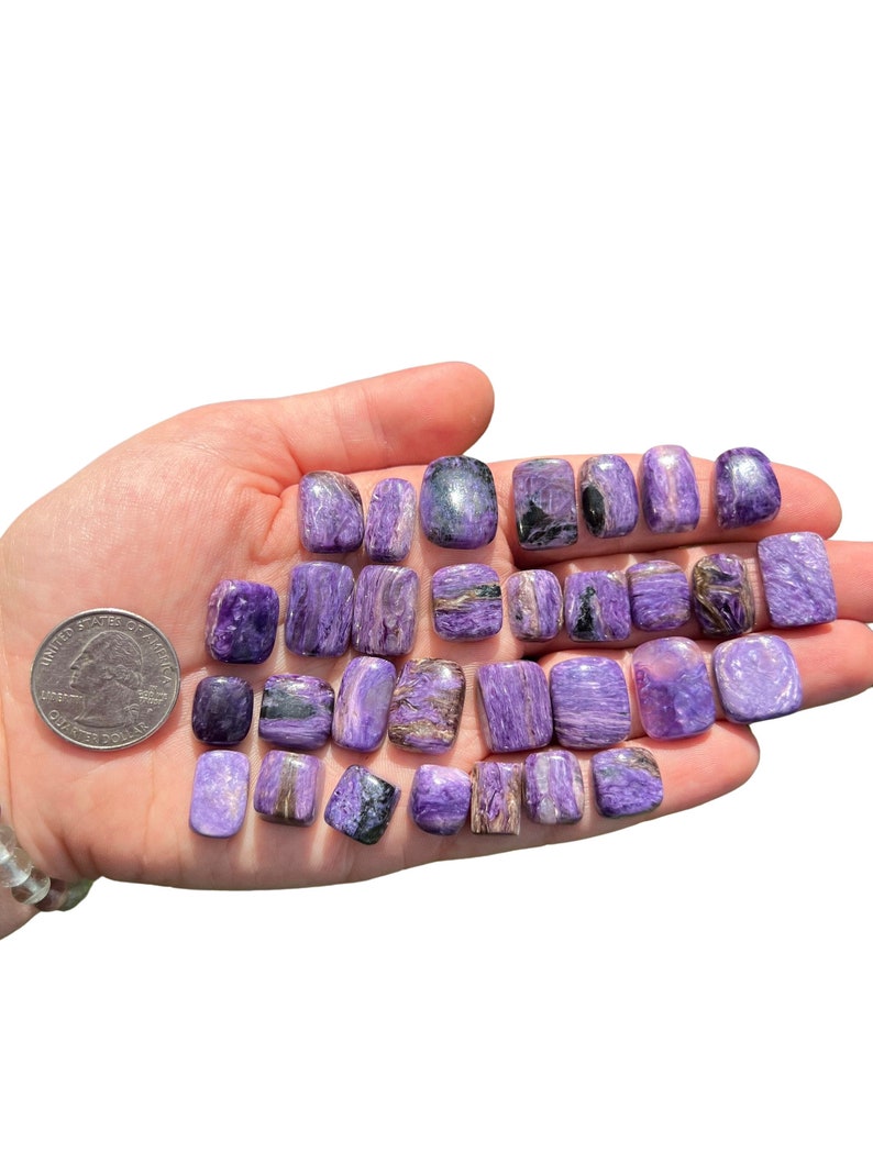 May include: A collection of 18 purple and silver spectrolite tumbled stones in various sizes and shapes. The stones are arranged in a hand, with a US quarter for scale.