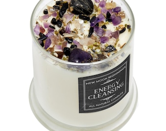Vela de limpieza energética - Vela de protección - Vela de cristal - Vela de lavanda y salvia - Vela de soja con intención - Vela energética - ¡Hecha a mano!