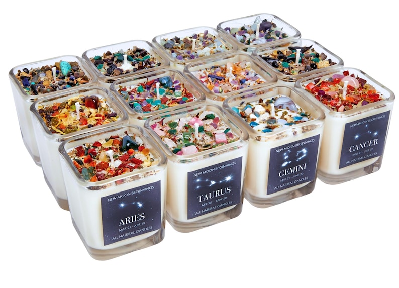 Zodiac Candles with Crystals and Herbs - Zodiac Sign Candles - Crystal Candles - Zodiac Gifts - Zodiac Intention Candles - Soy, Handmade! image 1