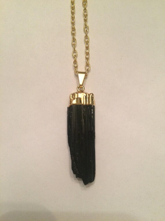 Raw Black Tourmaline Pendant - Black Crystal Necklace - Gold Color Metal - Black Tourmaline Pendant - Black Tourmaline Stone Necklace