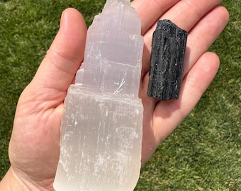 Raw Selenite Tower and Black Tourmaline - Selenite Crystal with Raw Black Tourmaline - Protection Crystal Gift Set - Protection Kit