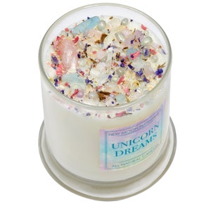 Unicorn Dreams Candle - Kristall- & Kräuterkerzen - Soja Einhorn-Kerze - Einhorn Geschenk - Regenbogen Kerze mit Glitter - Kristallkerze - Handgemacht