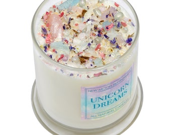 Candela Unicorn Dreams - Candele di cristallo ed erbe - Candela di unicorno di soia - Regalo di unicorno - Candela arcobaleno con glitter - Candela di cristallo - Fatta a mano