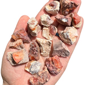 May include: A collection of rough, natural, red, orange, and white opal stones. The stones are various sizes and shapes, and have a rough, unpolished texture.