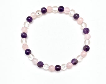 Unconditional Love Bracelet - Rose Quartz, Amethyst, Clear Quartz bracelet - Elastic Bracelet - Love and Happiness Bracelet