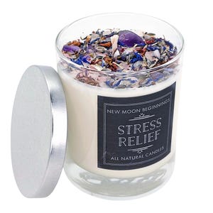 Stress Relief Candles - Lavender Candle or Tealights - Soy Aromatherapy Candle w/ Amethyst, Rose Quartz, Clear Quartz image 1