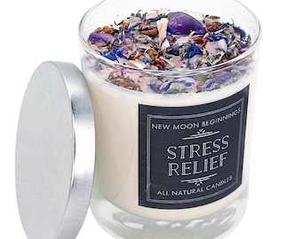 Stress Relief Candles - Lavender Candle or Tealights - Soy Aromatherapy Candle w/ Amethyst, Rose Quartz, Clear Quartz