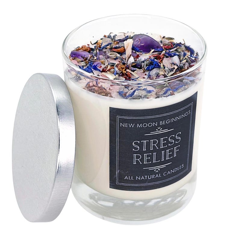 Stress Relief Candles - Lavender Candle or Tealights - Soy Aromatherapy Candle w/ Amethyst, Rose Quartz, Clear Quartz image 1