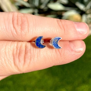 Lapis Lazuli Moon Earrings - Lapis Lazuli Stud Earrings - Sterling Silver Earrings - Lapis Lazuli Jewelry - Tiny Crescent Moon Earrings
