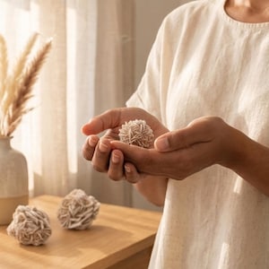 May include: A person holding a desert rose crystal in their hands. Two additional desert rose crystals are on a wooden table. The crystals have a beige color and a unique, layered, rose-like formation. A vase with dried plants is in the background.