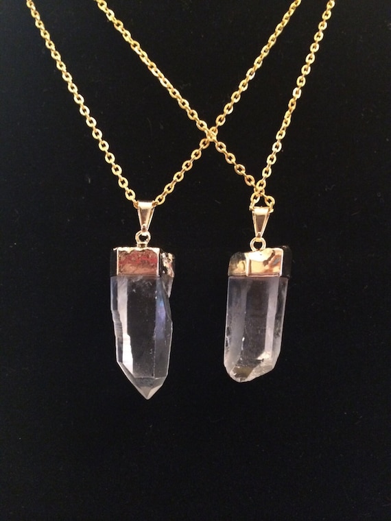Quartz Necklace - Raw Quartz Point Necklace - Crystal Necklace - Clear Quartz Crystal Point - Quartz Pendant in Gold Colored Metal