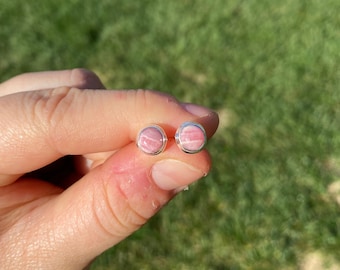 Rhodochrosite Earrings Round - Sterling Silver - Rhodochrosite Stud Earrings - Rhodochrosite Jewelry - Pink Rhodochrosite - Dainty Earrings