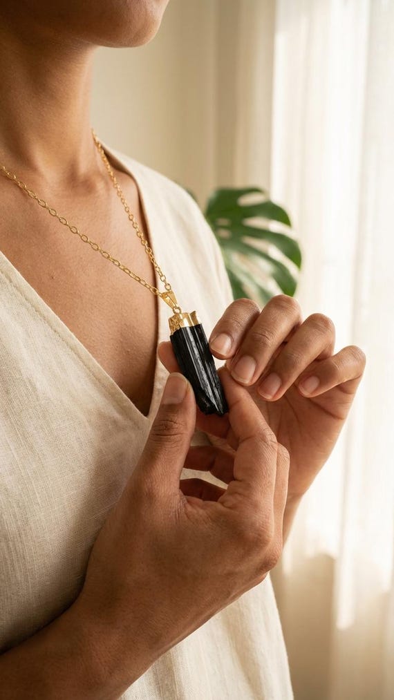 Raw Black Tourmaline Pendant - Black Crystal Necklace - Gold Color Metal - Black Tourmaline Pendant - Black Tourmaline Stone Necklace