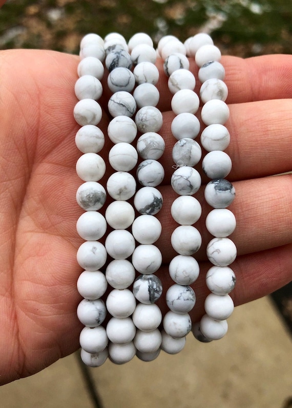 White Howlite Bracelet 6mm Elastic Bracelet White Howlite Jewelry