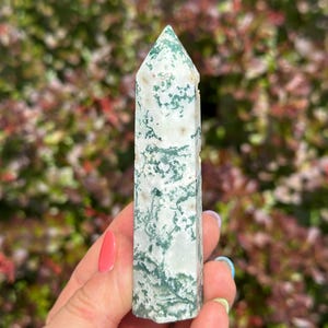May include: A tall, rectangular moss agate crystal point. The crystal is white with green moss-like inclusions and a pointed top. The crystal is held in a hand against a blurred background of green and red foliage.