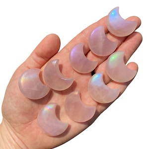 Aura Rose Quartz Moon ~1" Aura Rose Quartz Stone Crescent Moon - Polished Quartz Crystal Moon- Aura Rose Quartz Moon Carving - Pink Moon