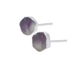 Rainbow Fluorite Stud Earrings - Sterling Silver Earrings - (5mm - 7mm) - Rainbow Fluorite Jewelry - Rainbow Fluorite Crystal Earrings