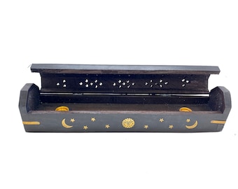 Black Celestial Wooden Incense Burner - Sun, Moon and Stars Brass Inlay - Wooden Incense Holder - Incense Box - Stick Burner - Cone Burner