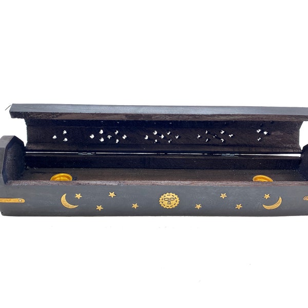 Black Celestial Wooden Incense Burner - Sun, Moon and Stars Brass Inlay - Wooden Incense Holder - Incense Box - Stick Burner - Cone Burner