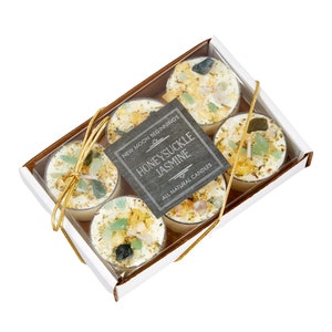 Honeysuckle Jasmine Candles - Crystal & Herb Candles - Aromatherapy Candles - Floral Candle - Soy Jasmine Candles and Tealights - Handmade! Set of 6 Tealights