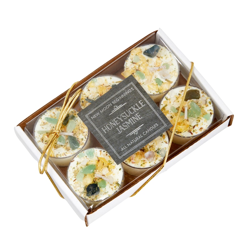 Honeysuckle Jasmine Candles - Crystal & Herb Candles - Aromatherapy Candles - Floral Candle - Soy Jasmine Candles and Tealights - Handmade! Set of 6 Tealights
