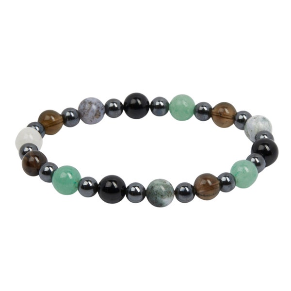 Grounding Bracelet - Elastic Bracelet - Earth Element Bracelet - Tree Agate, Black Tourmaline, Smoky Quartz, Green Aventurine, & Hematite