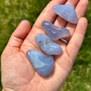 May include: Five polished blue lace agate stones of varying shapes and sizes are held in an open hand. The stones display a range of light blue hues with subtle white and gray patterns. The background is blurred green grass.