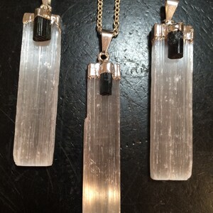 Raw Selenite Pendant with Black Tourmaline - Selenite Necklace with Black Tourmaline - Raw Selenite with Raw Black Tourmaline Jewelry image 2