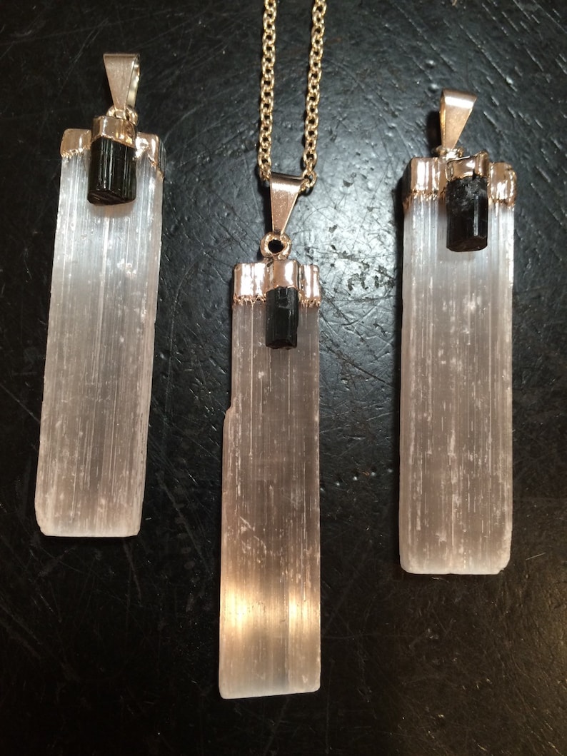 Raw Selenite Pendant with Black Tourmaline - Selenite Necklace with Black Tourmaline - Raw Selenite with Raw Black Tourmaline Jewelry image 2