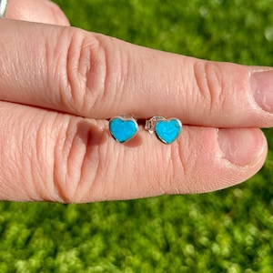 Natural Turquoise Heart Stud Earrings - Sterling Silver - Polished Turquoise Earrings - Heart Shaped Crystal Earrings - Turquoise Jewelry
