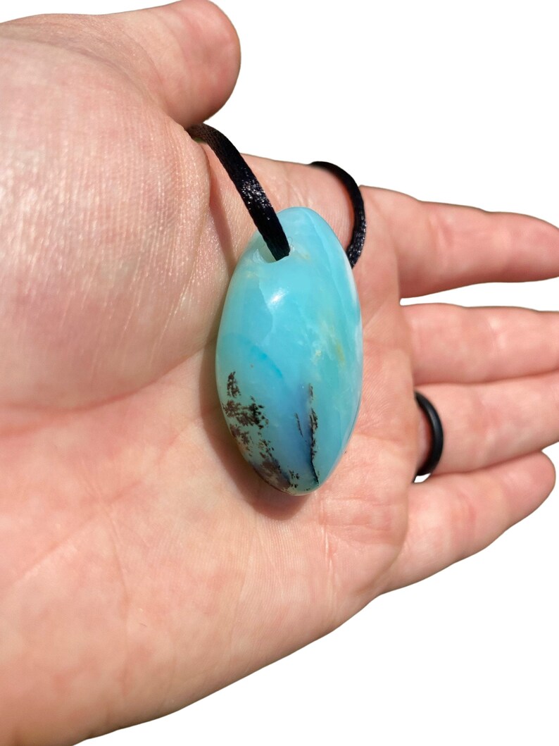 Blue Andean Opal Stone Pendant w/ 28" Black Cord - Blue Peruvian Opal Crystal Necklace - Polished Blue Opal Necklace - Crystal Necklace image 9