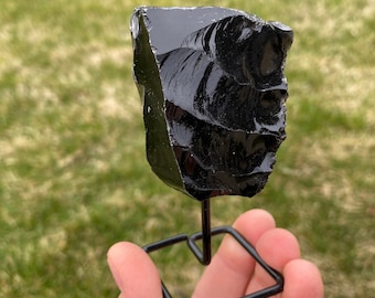 Black Obsidian Stone on Metal Stand - Raw Black Obsidian Crystal - Rough Obsidian Chunk - Standing Obsidian Crystal - Black Crystal Decor