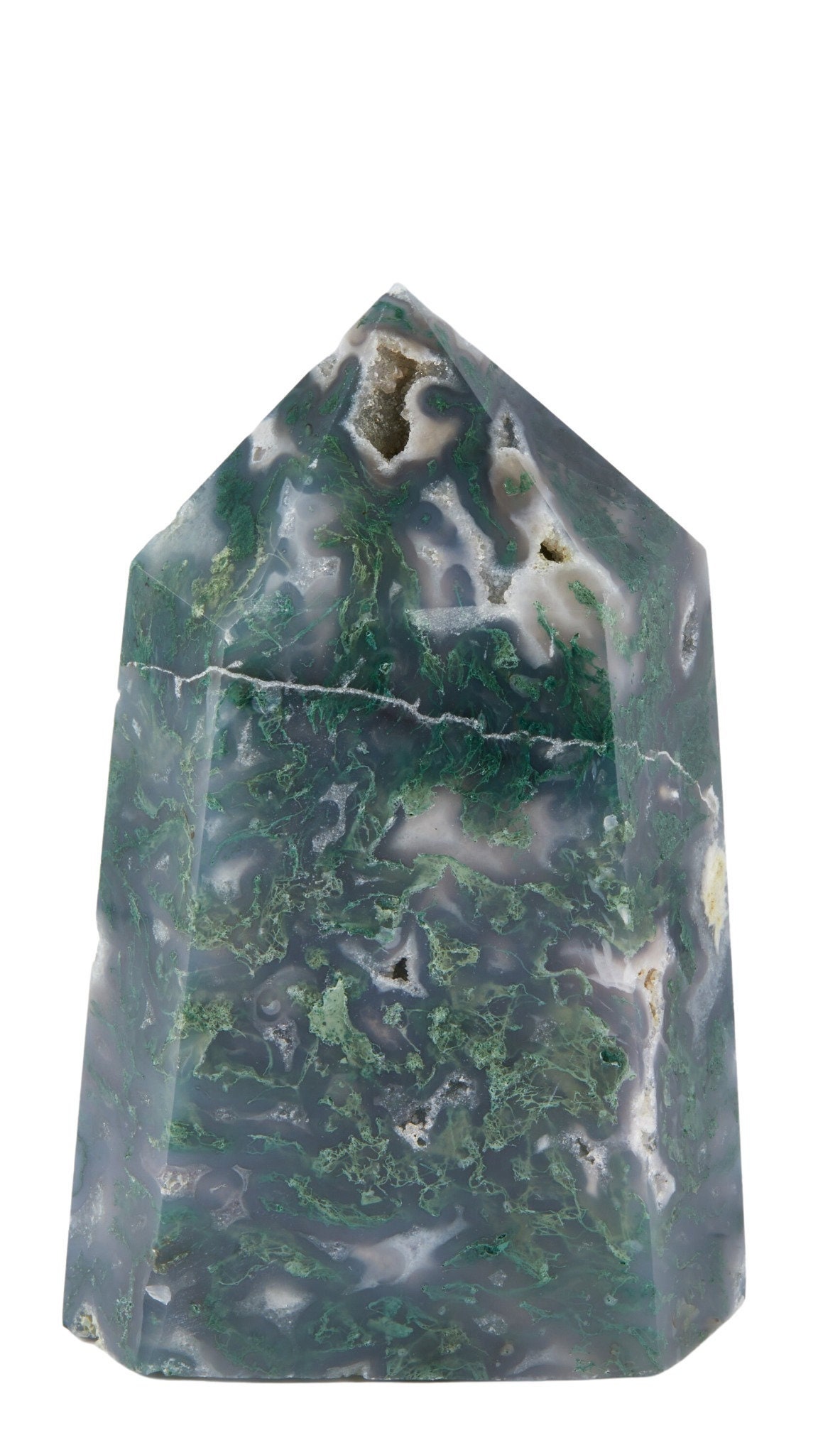 Moss Agate Point - Large Stone Tower Crystal Standing Tone Polished #16